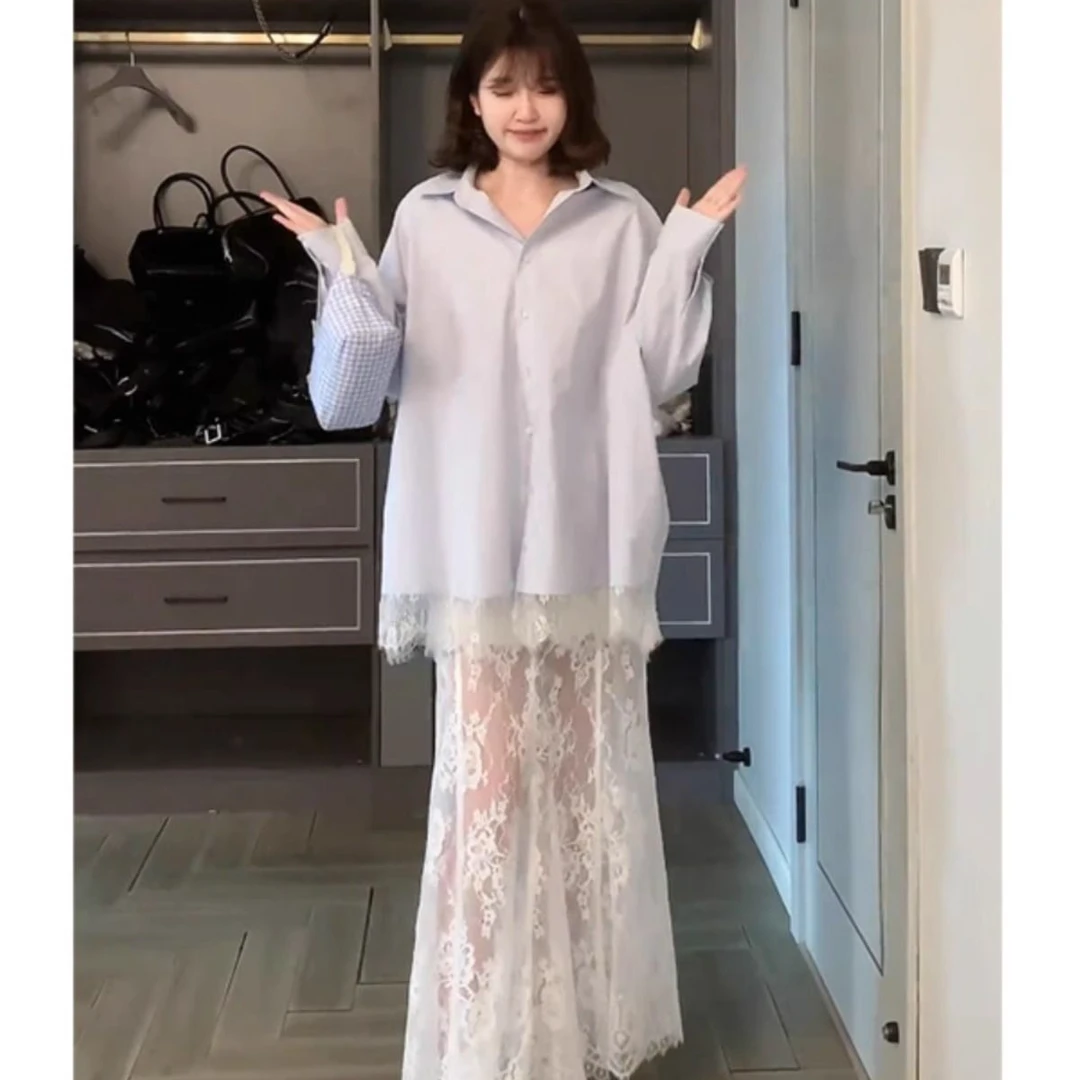 常规蕾丝拼接长袖POLO领春季衬衫时尚百搭连衣裙网红宽松白色