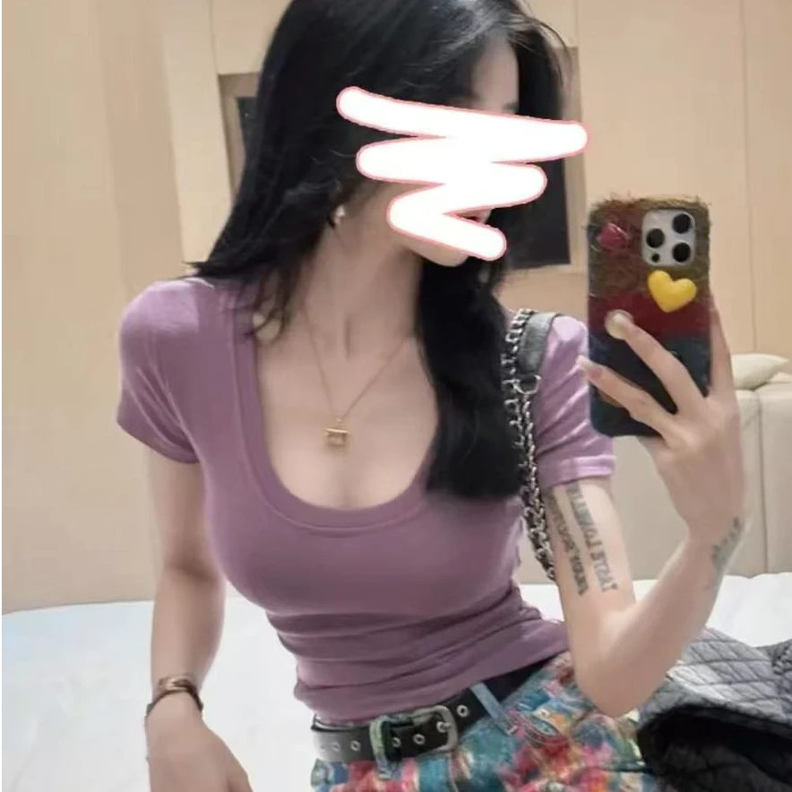 25款夏季新款时尚洋气低U领高级短袖修身显瘦百搭短款T恤正肩