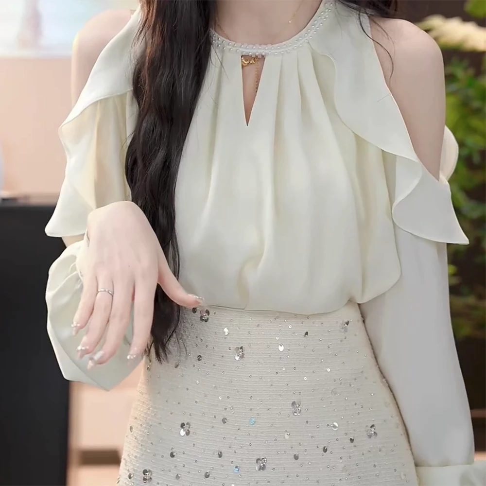 【玻璃泡沫】新款高级设计感圆领钉珠露肩百搭温柔气质长袖衬衫女