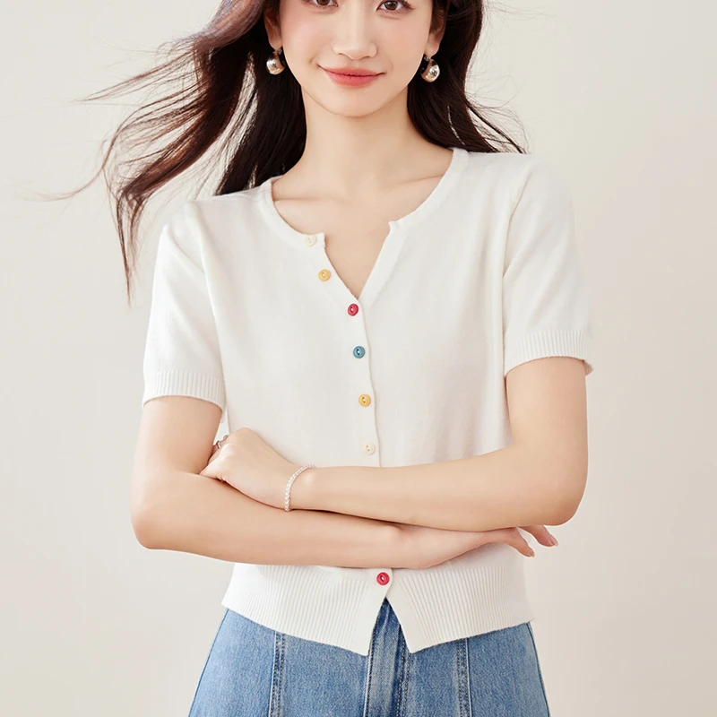 实拍现货2025新款春夏短袖针织衫女短款开衫小款纯色外搭小外套女