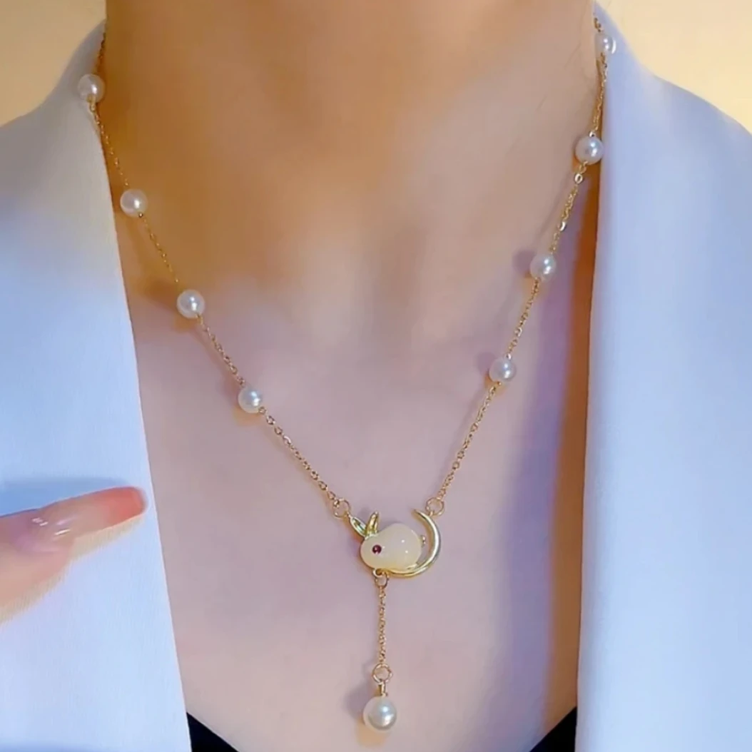 钛钢项链 锁骨链小众珠珠月兔时尚精致优雅不掉色首饰轻奢ins饰品