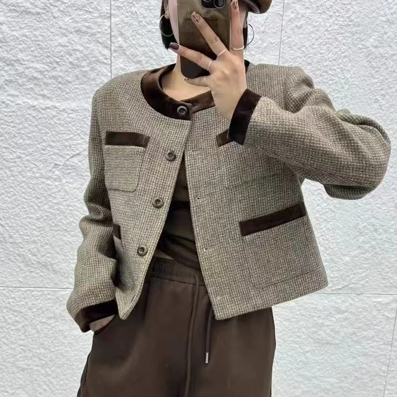 韩版2025秋季新款英伦高级感老钱风拼接羊毛小香风外套9696