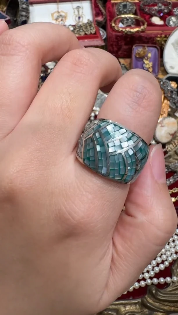 无无法国老银戒指14#，镶嵌贝贝