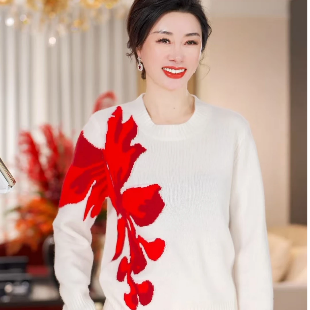 女式新年时尚羊毛圆领针织衫长袖