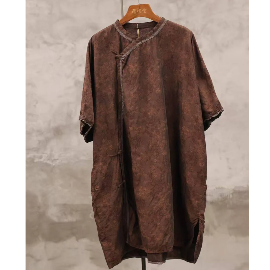 还朴堂原创高品质纯棉复古提花中长款盘扣袍子