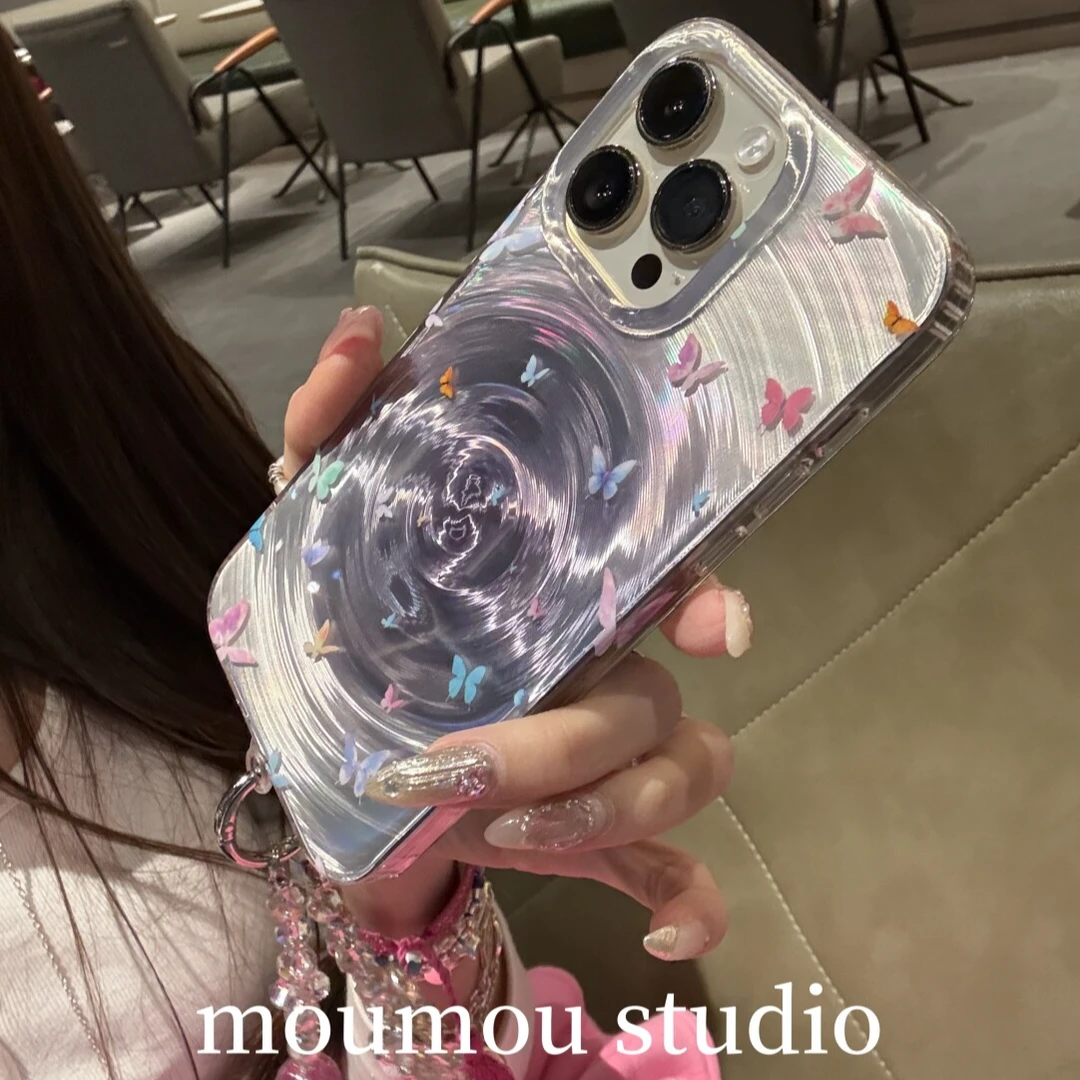 小众银底漩涡彩色蝴蝶适用苹果16手机壳15promax高级感14少女心13