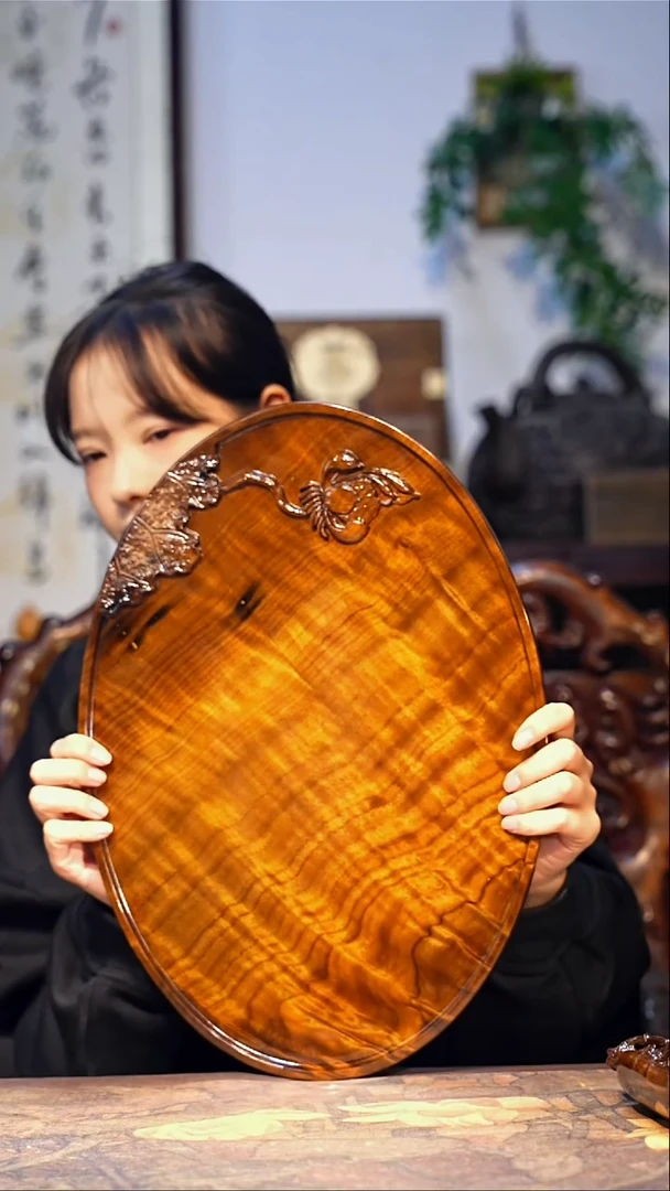 金丝楠【35】精品满花细水波 一木整雕 干泡荷花茶盘