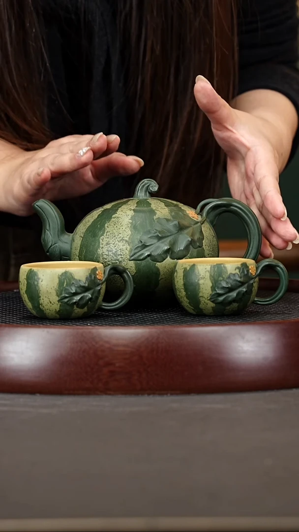 茶壶紫砂39GJF西瓜套组  蒋家绿泥425cc