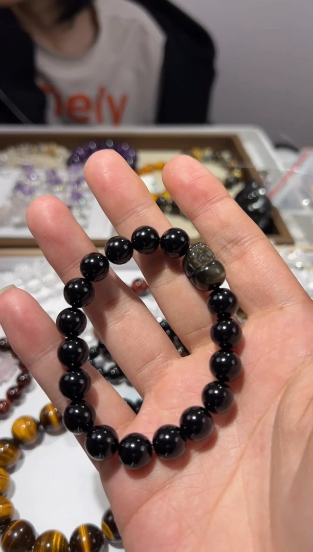 【闪购商品】黑曜岩手链未镶嵌10mm黑曜石diy金耀石貔貅