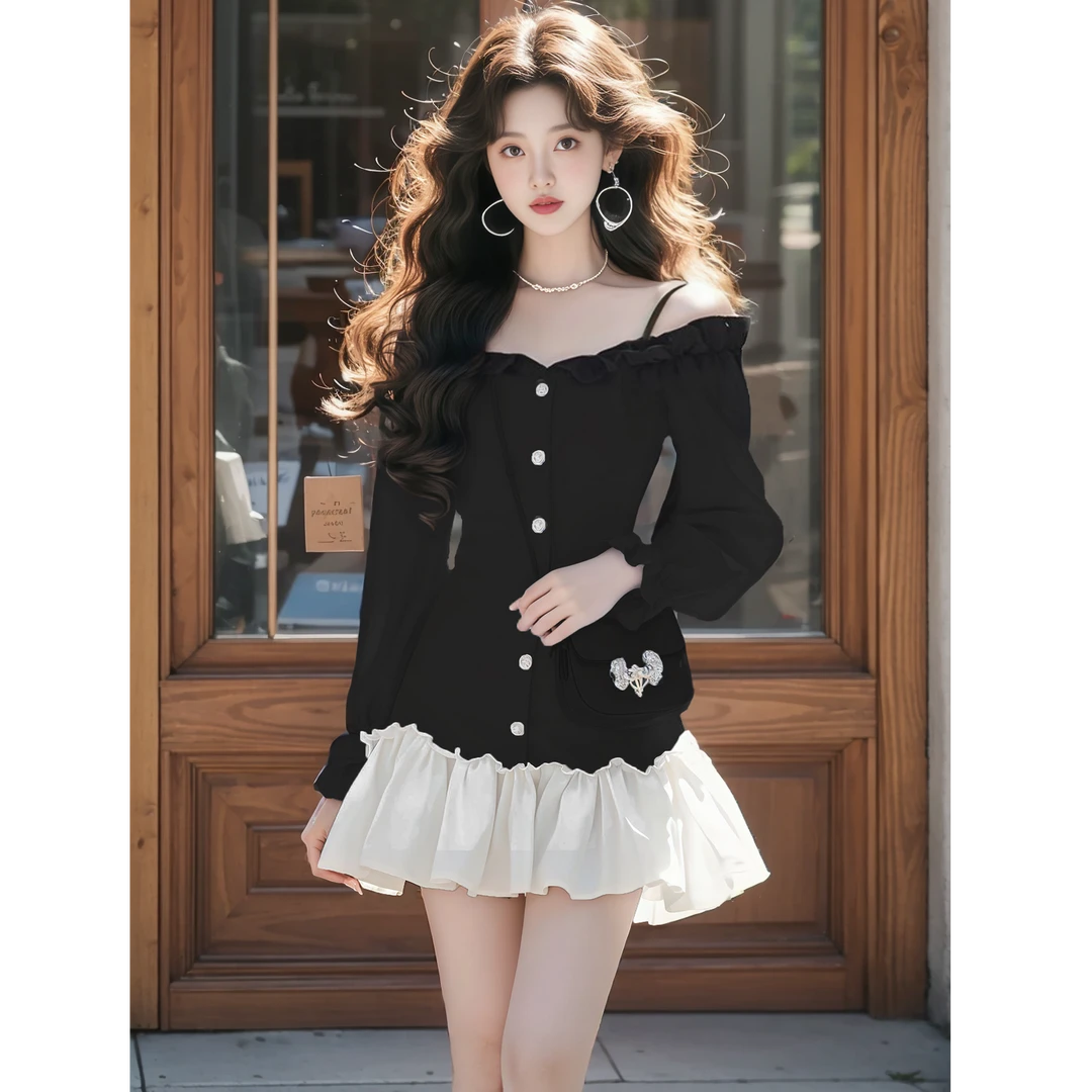 富家千金高级感黑色连衣裙女2025春季新款收腰显瘦漂亮拼接短裙子