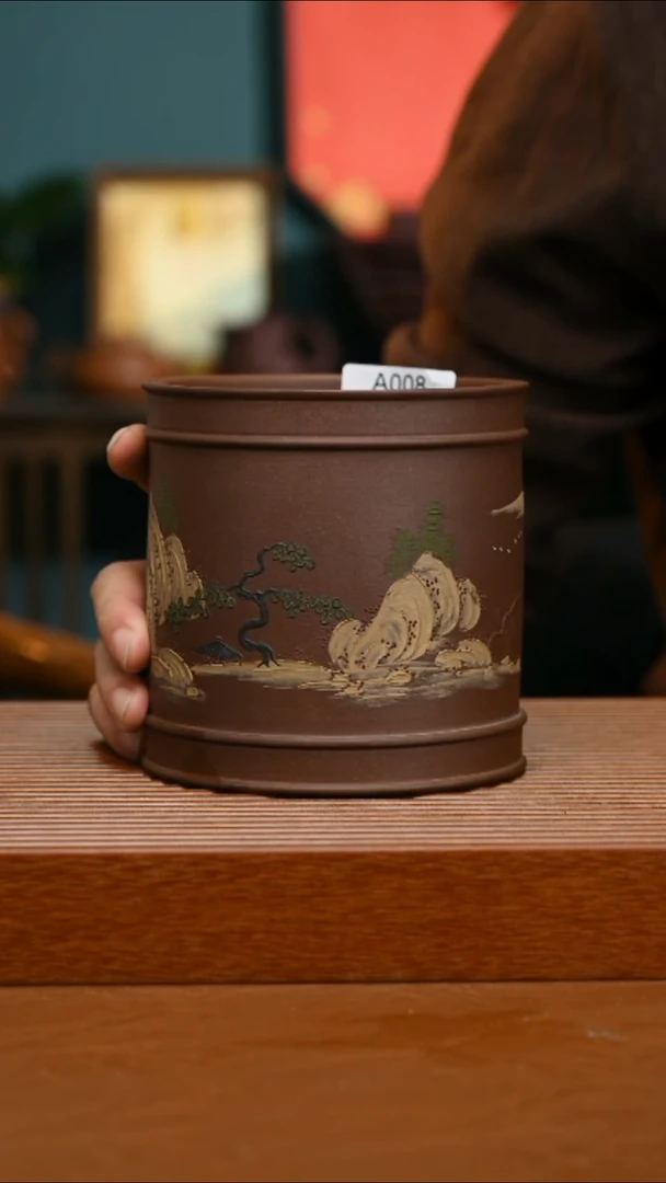 茶壶紫砂精工泥绘笔筒008