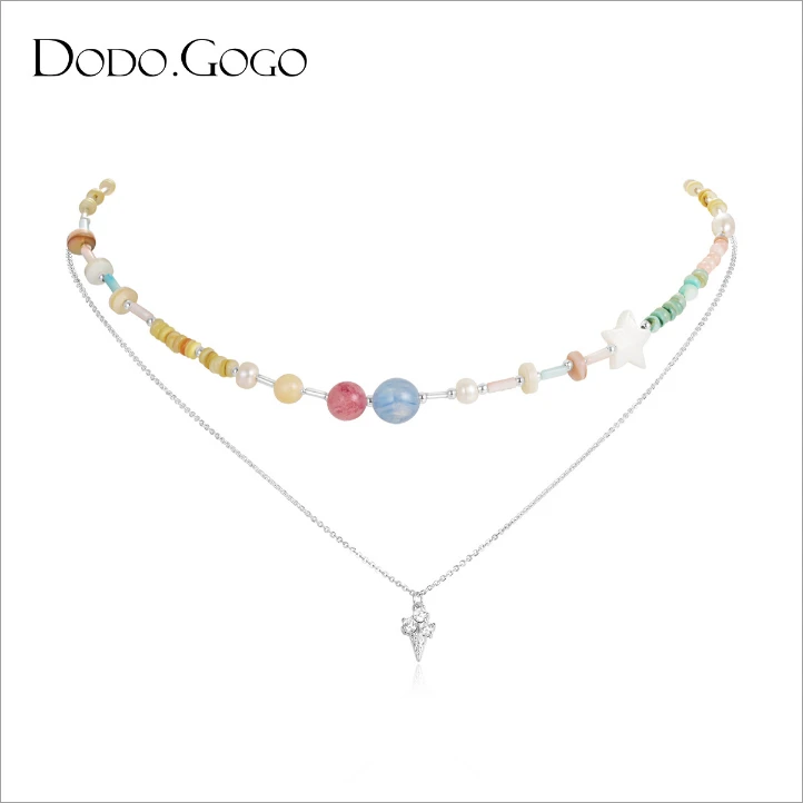 DODOGOGO 合金项链 彩色多巴胺串珠项链设计感颈链甜酷叠戴锁骨链