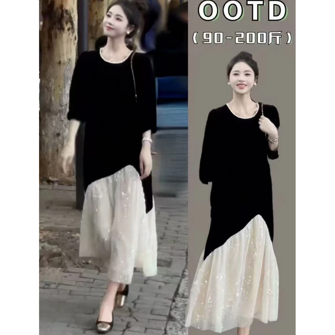 017早春高级感假两件连衣裙显瘦气质时尚中长款设计感连衣裙