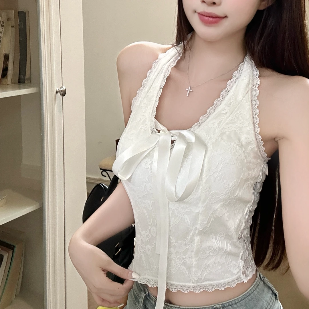 纯欲风独特挂脖白色蕾丝带胸垫吊带背心女内搭外穿显瘦修身美背