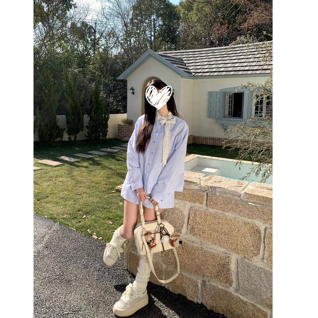韩系休闲蓝色条纹长袖T恤拼接波点领口蝴蝶结设计感套装5008