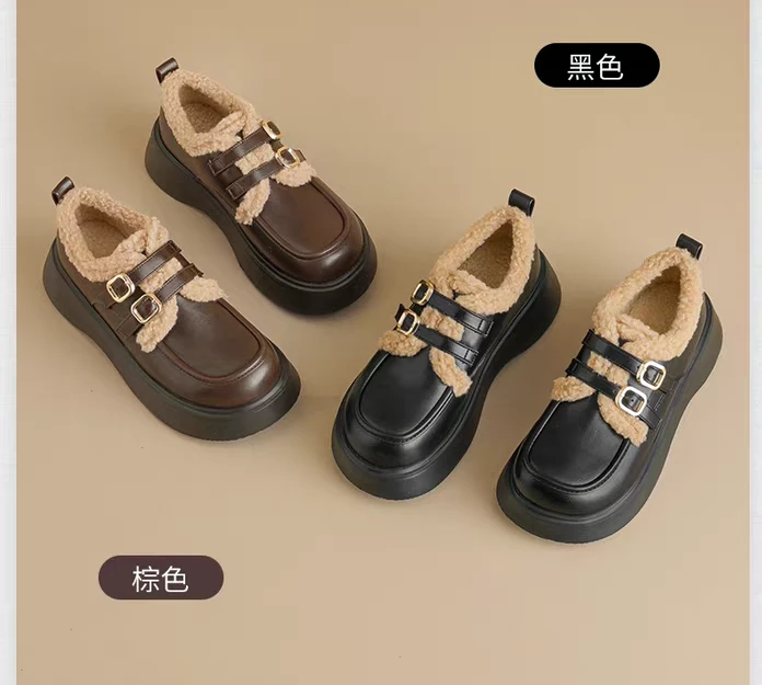 15min加绒羊羔绒中跟乐福鞋