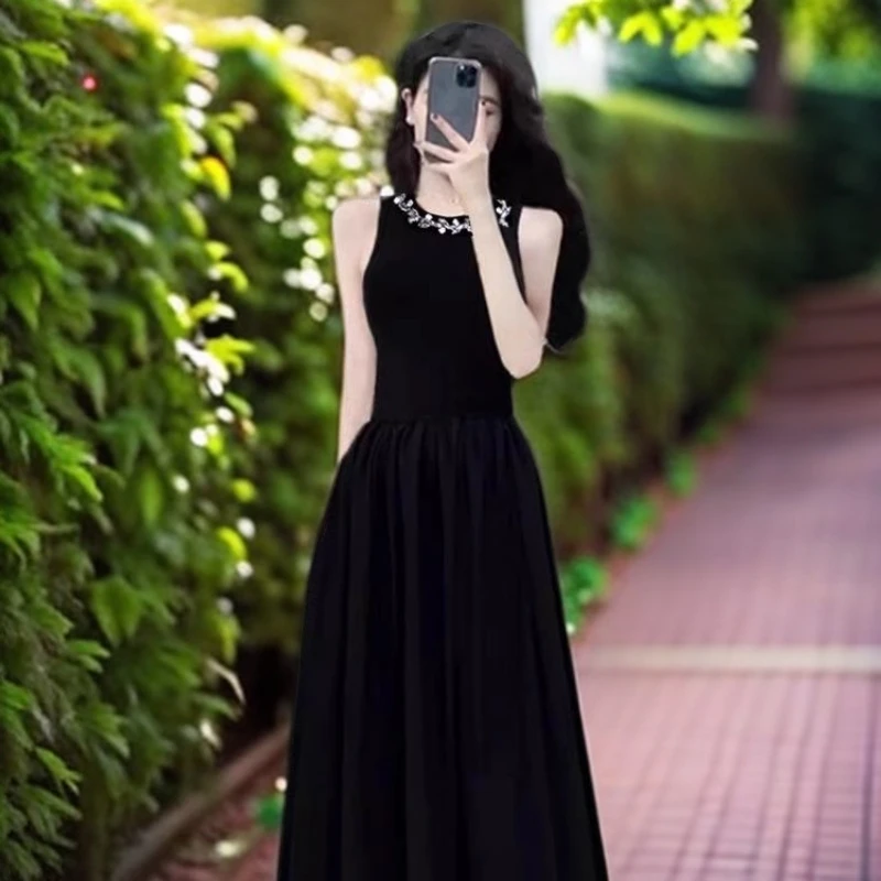 画枕眠法式夏季晚礼服显瘦黑色无袖高腰小黑裙小众长裙子女连衣裙