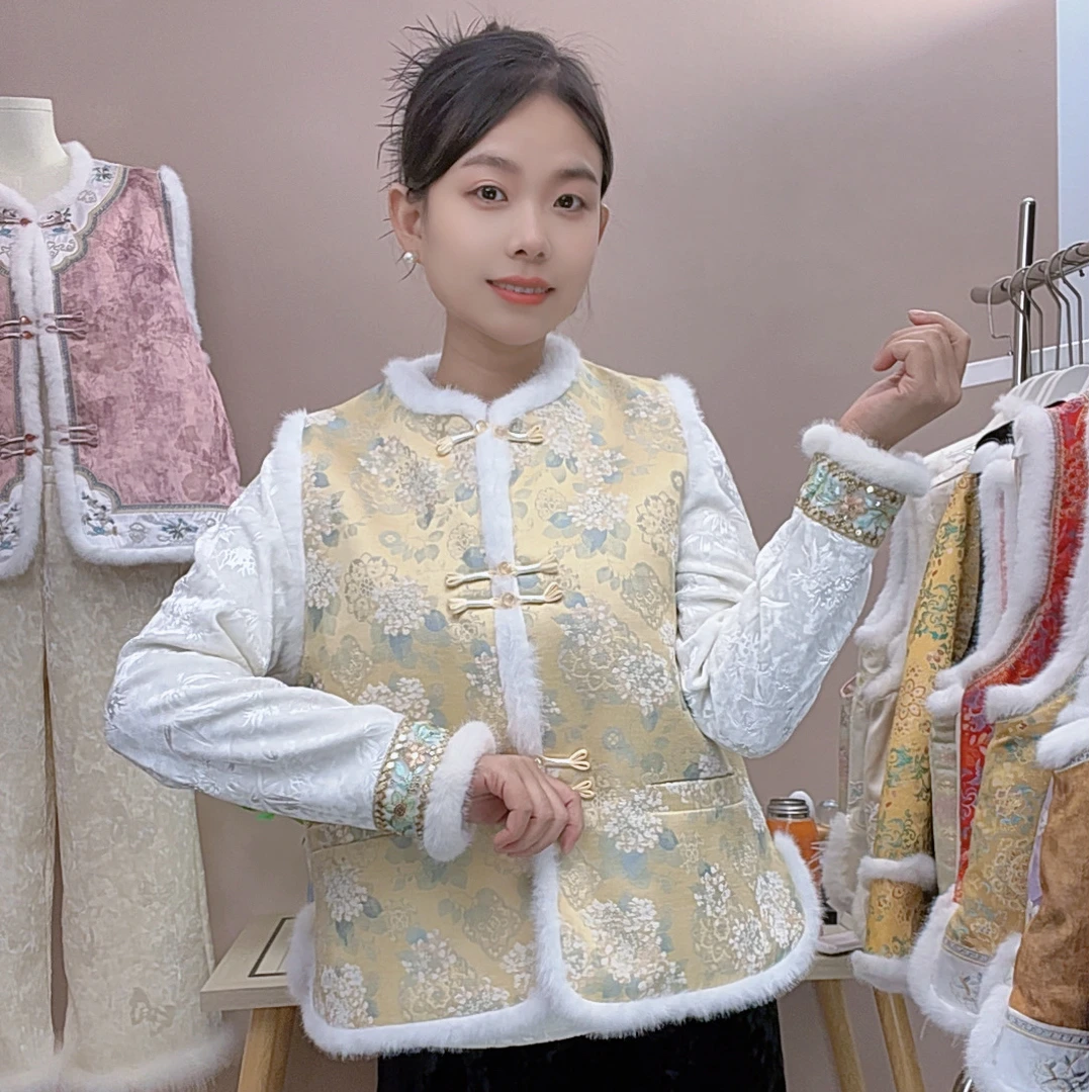 [轻盈]新中式国风加棉冬季新款马夹黄色显白气质口袋加厚保暖马甲