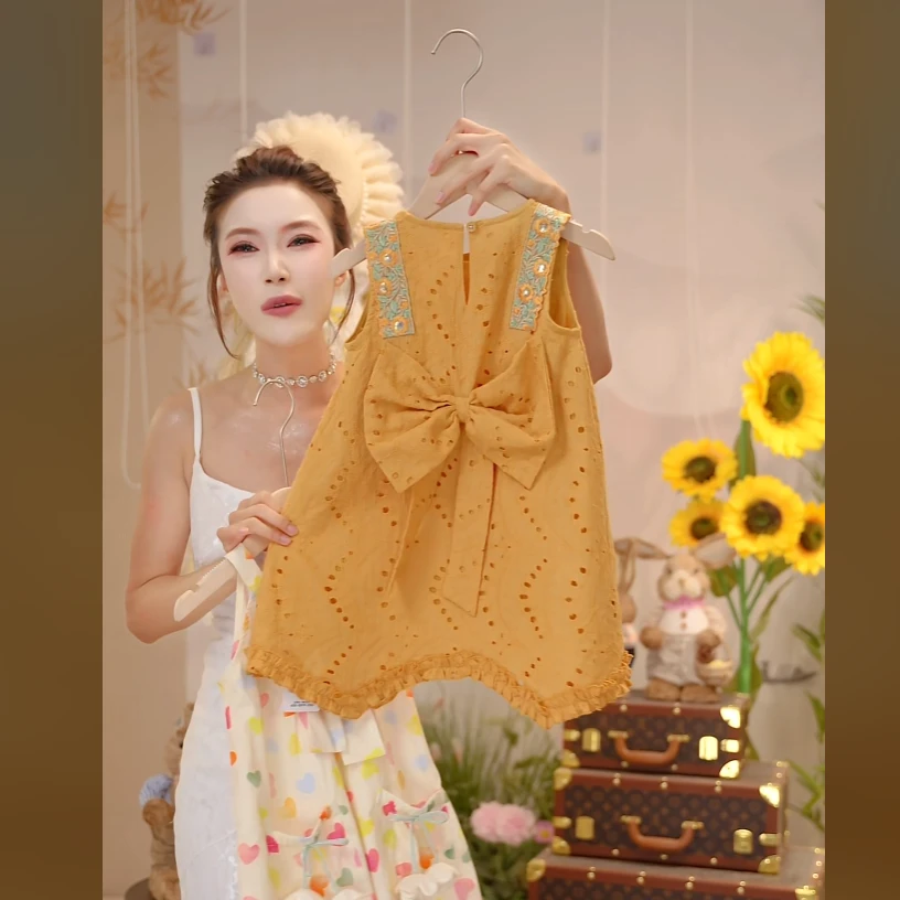 MOMOCO女童宫廷风新款洋气时尚手工蝴蝶结透气连衣裙77630470324