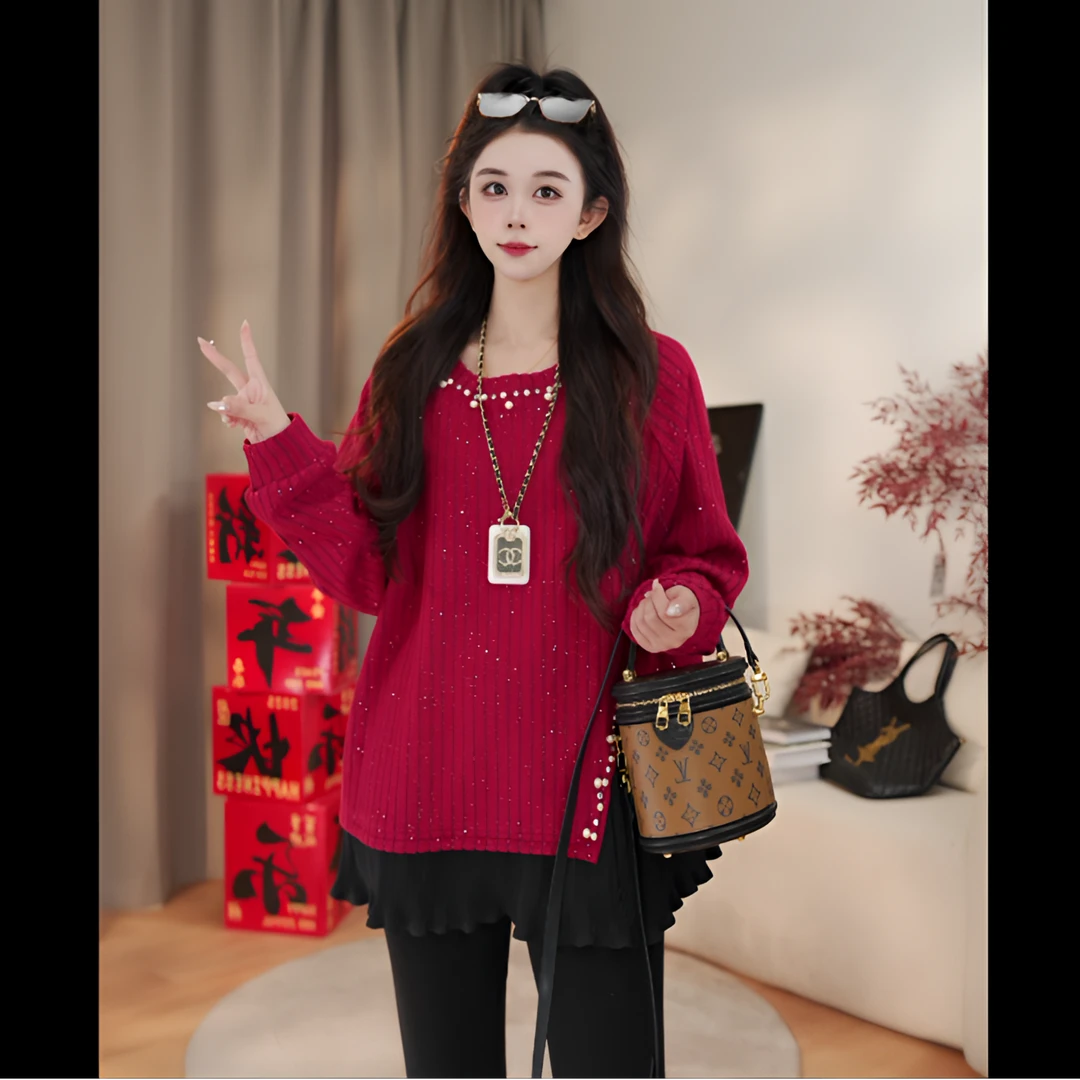 【现货】冬季新款韩版设计感氛围钉珠开叉优雅懒惰宽松上衣2513