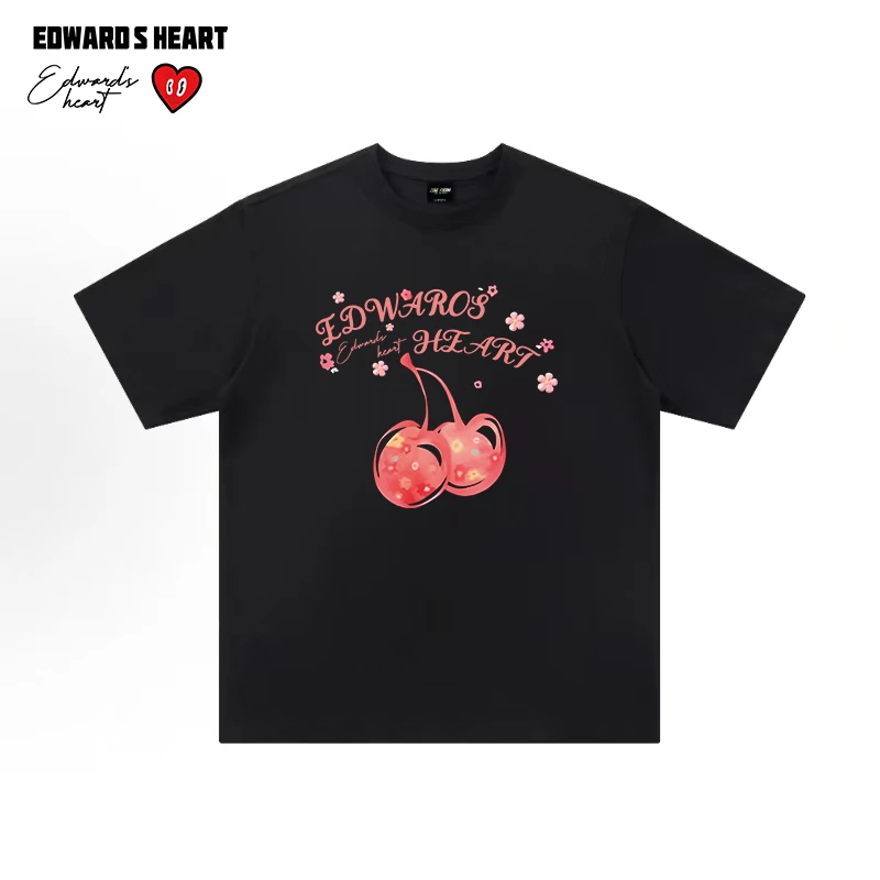 爱德华桃心樱桃经典印花短袖2025夏季韩版甜美宽松休闲百搭T恤女