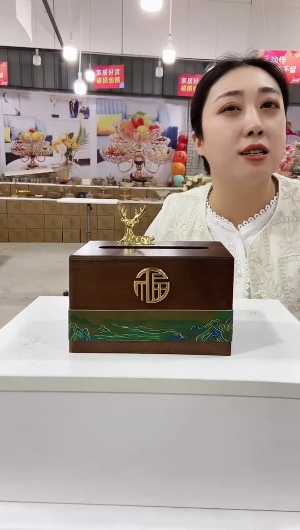 千里江山图实木纸巾盒【鹿头提手】