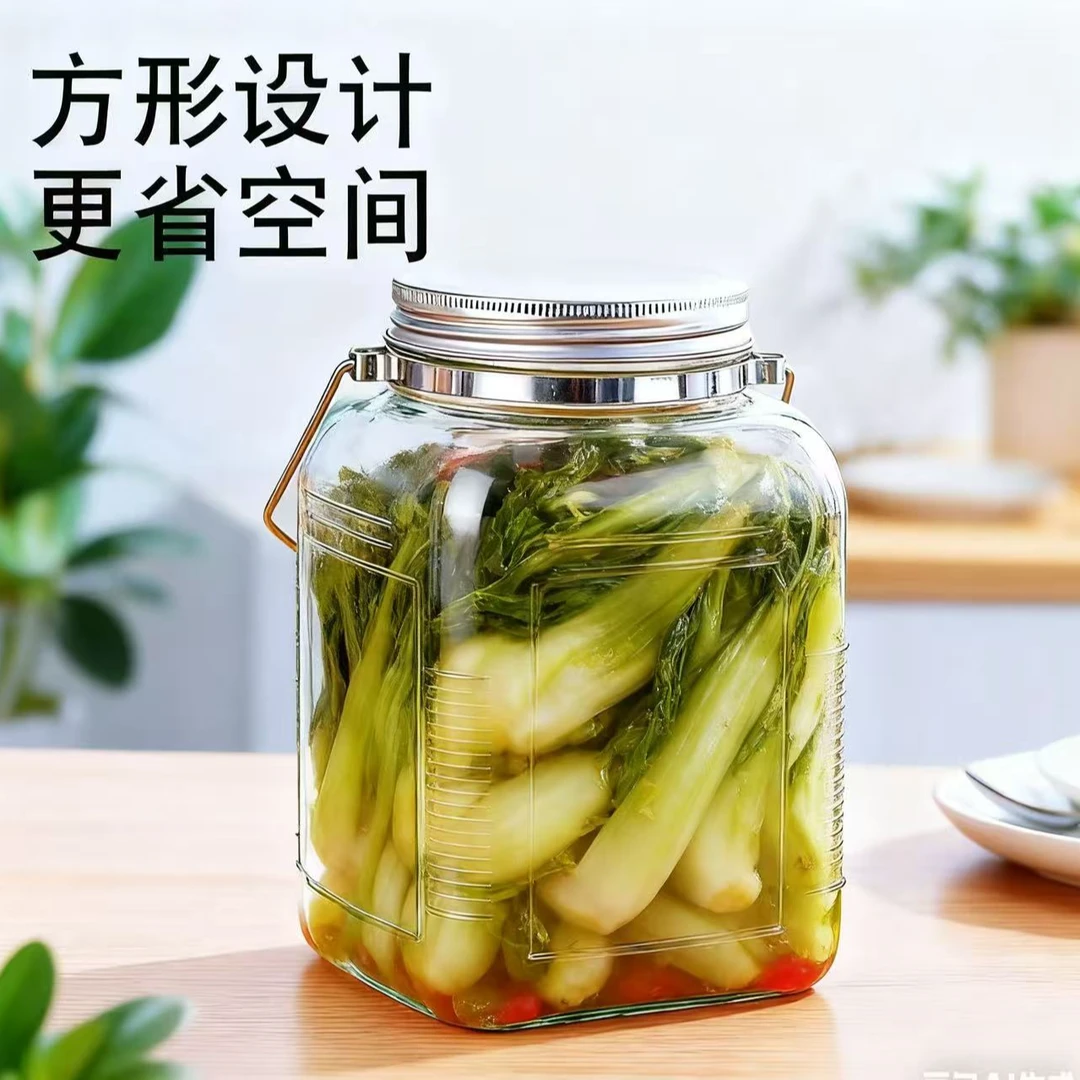 大容量加厚不锈钢提手玻璃密封储物罐泡菜罐子瓶子玻璃银盖