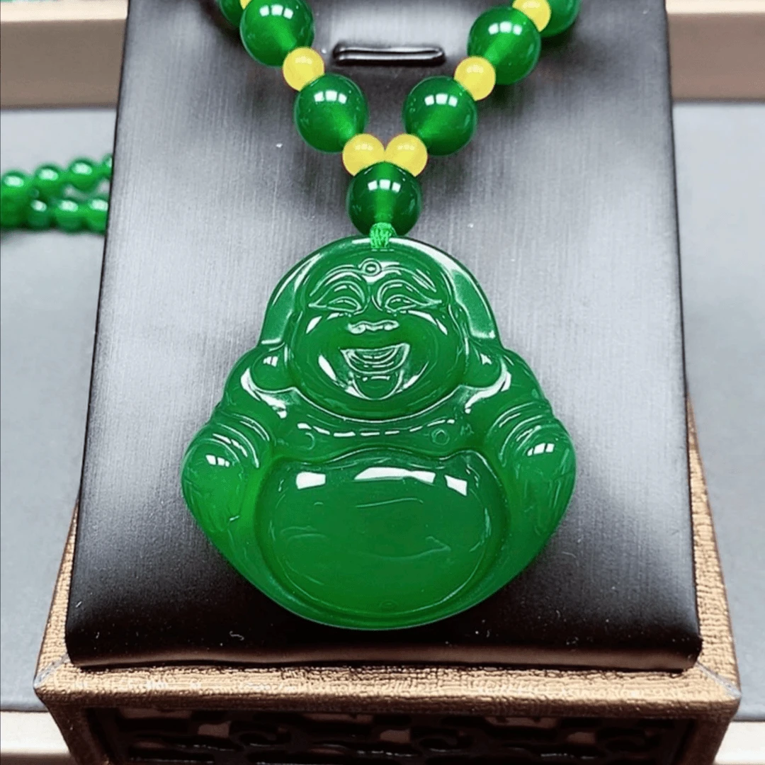天然玛瑙帝王绿笑脸大佛高冰玉佛情侣款百搭毛衣链送朋友送长辈