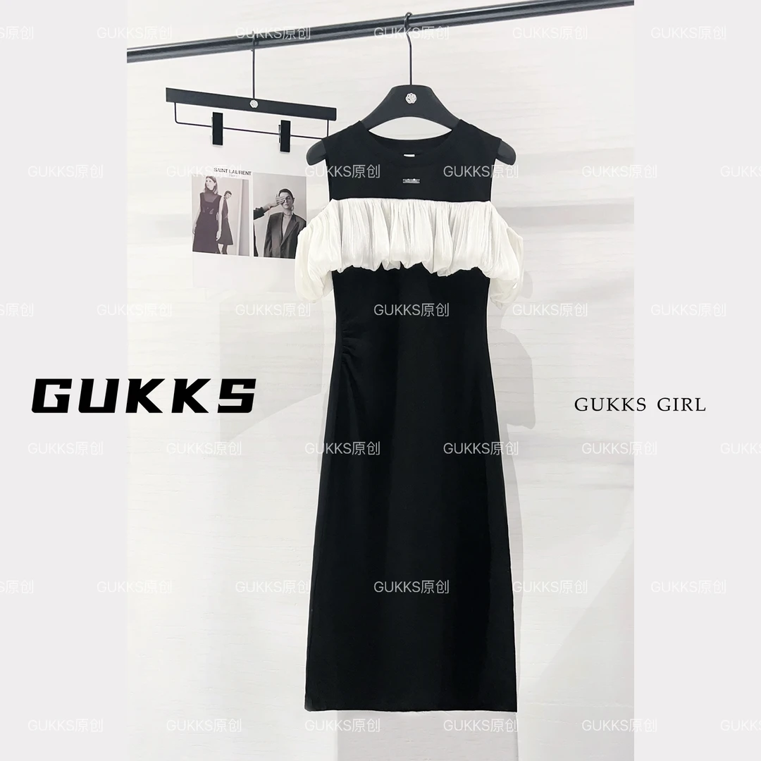 GUKKS/夏季重工设计感花边褶皱显瘦气质连衣裙GK219