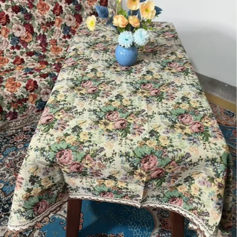 ZN134-8棉麻【125*175】定位绿花棉麻交织布加棉边桌布茶几布