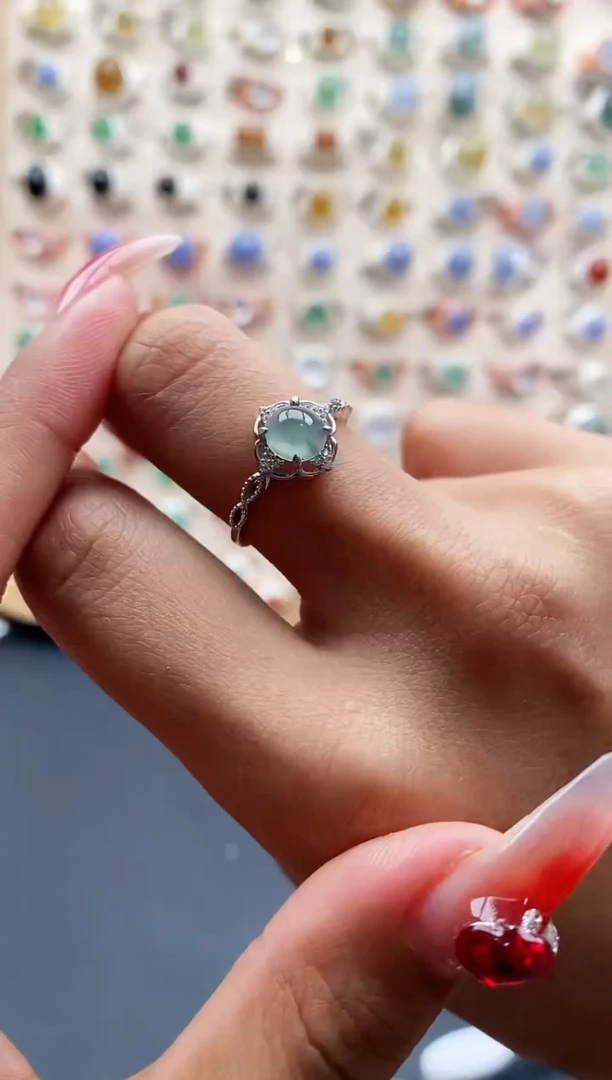 【闪购商品】翡翠戒指银S925镶嵌缅甸天然A货翡翠444  6+1