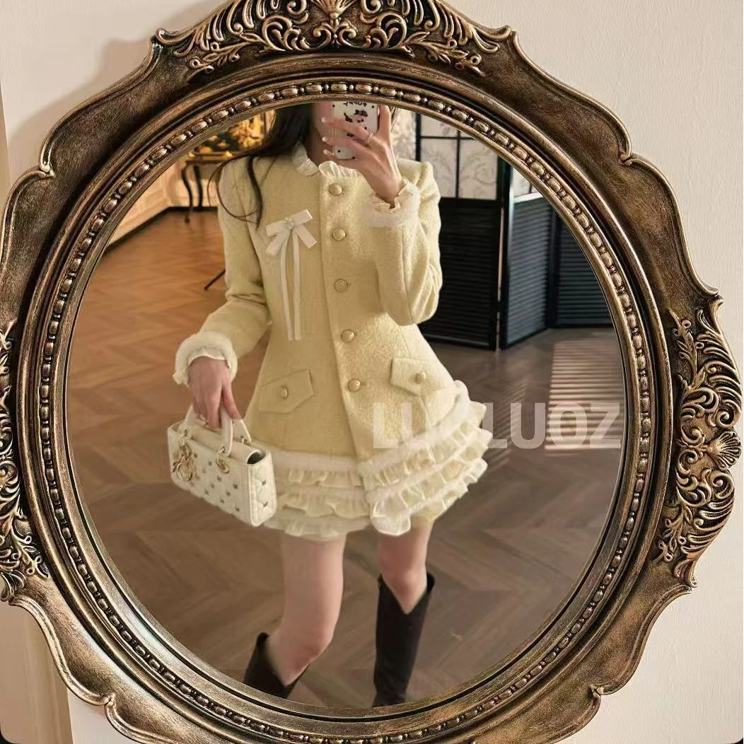 LUOLUOZ【花期为信】秋冬花边下摆上衣外套＋短裤两件套JF505