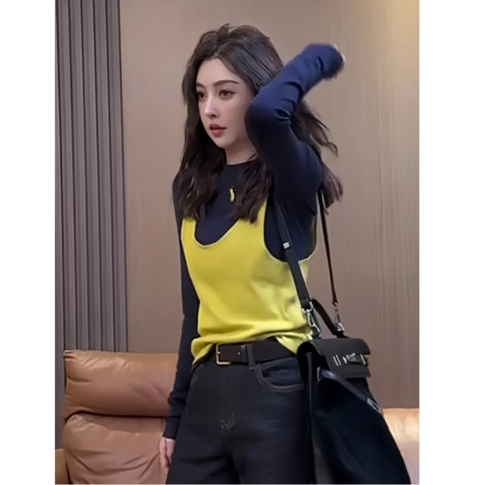 设计感撞色叠穿上衣两件套女2025早秋新款长袖T恤打底衫+吊带背心