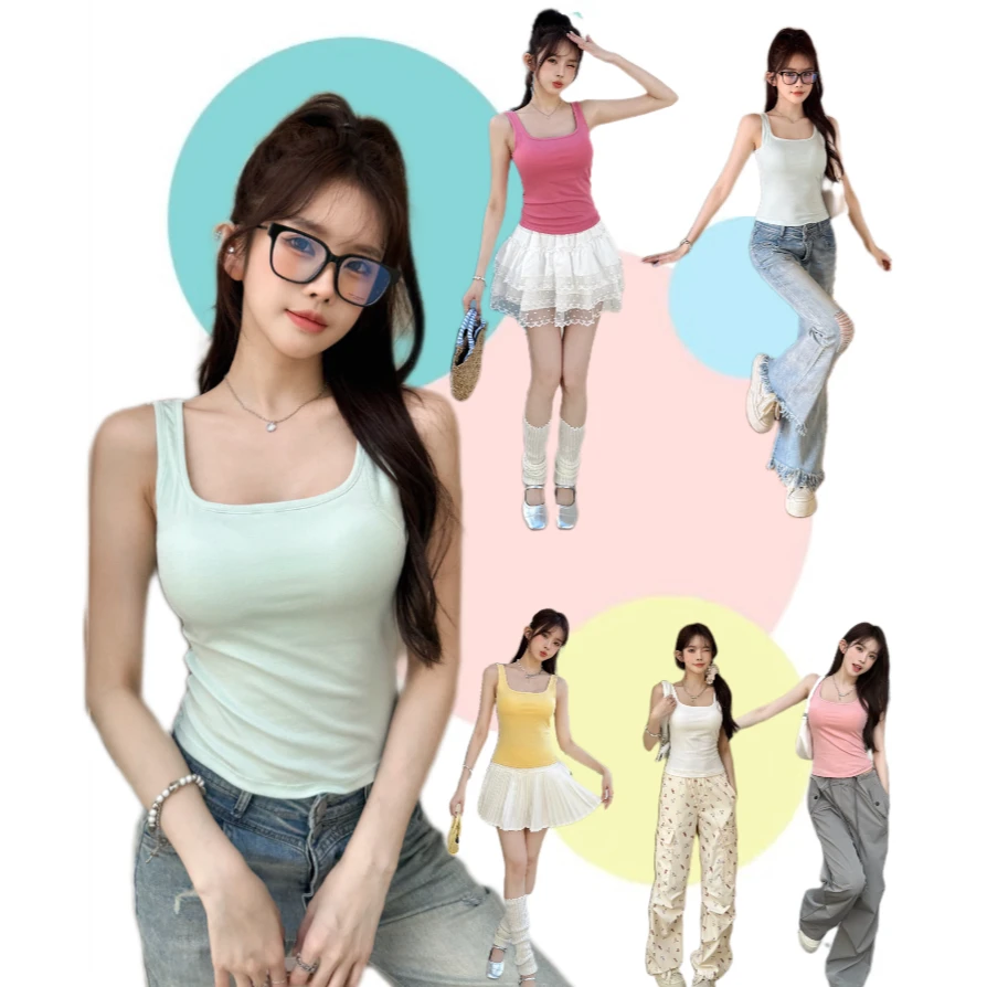 YANLIAN/燕莉安【欧若风】甜辣纯欲方领宽肩带吊带背心女内搭带胸垫