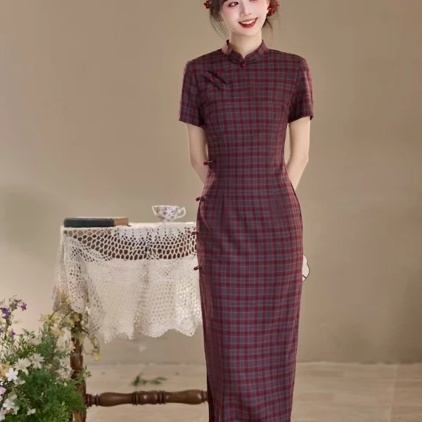 GUXI/故汐中国风旗袍复古优雅气质格子高端品质复古旗袍