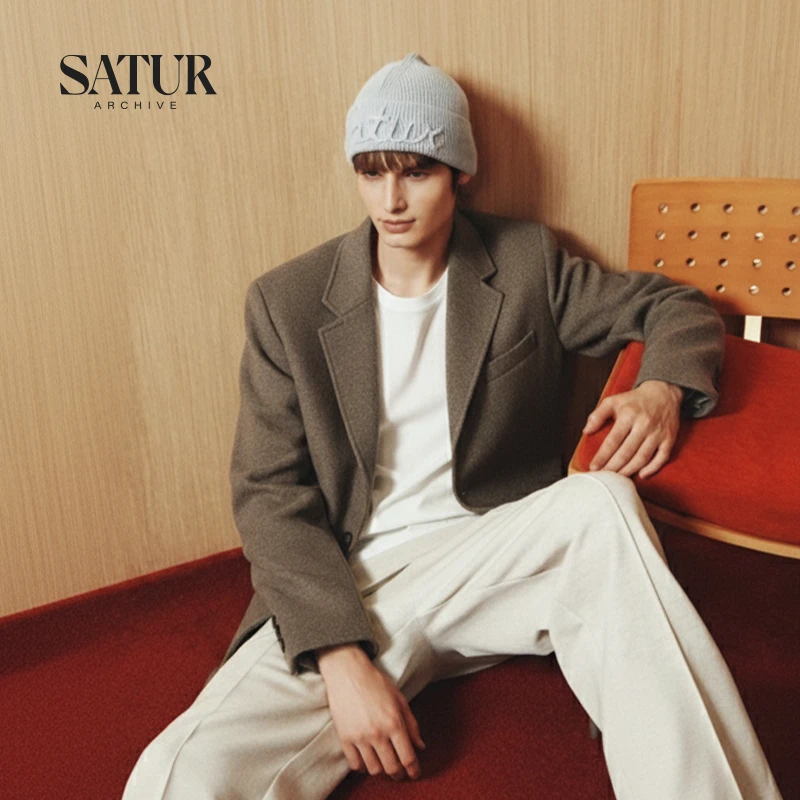 SATUR2025年秋冬新品单排扣休闲毛呢短外套羊毛大衣男女同款