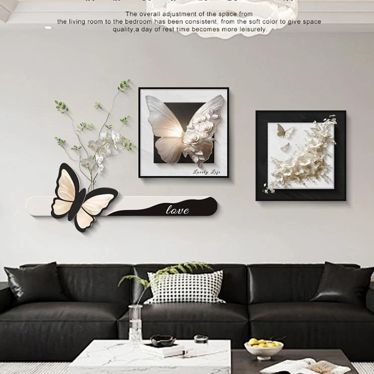现代简约客厅装饰画轻奢高级感黑白蝴蝶沙发背景墙组合画走廊壁画