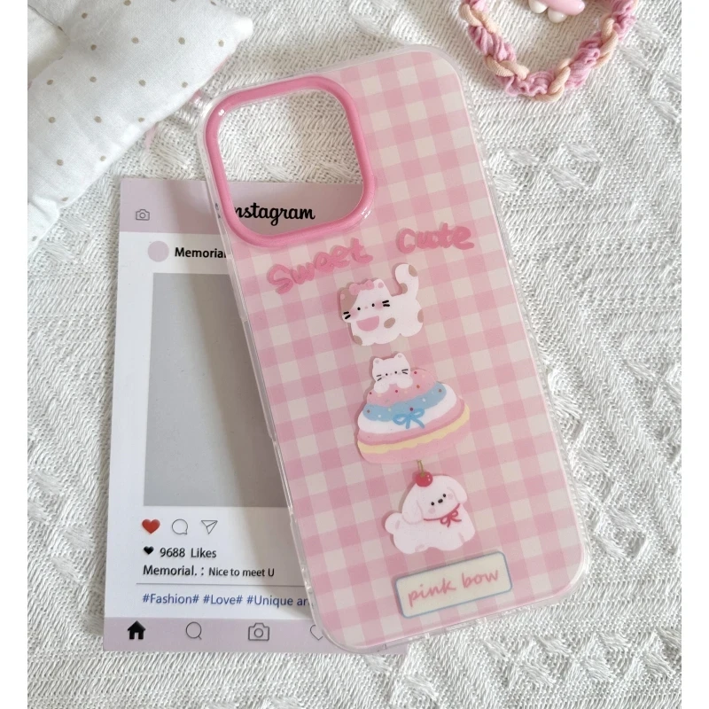 格纹猫咪狗适用苹果13手机壳软iphone16pro/15小米vivo华为oppo套