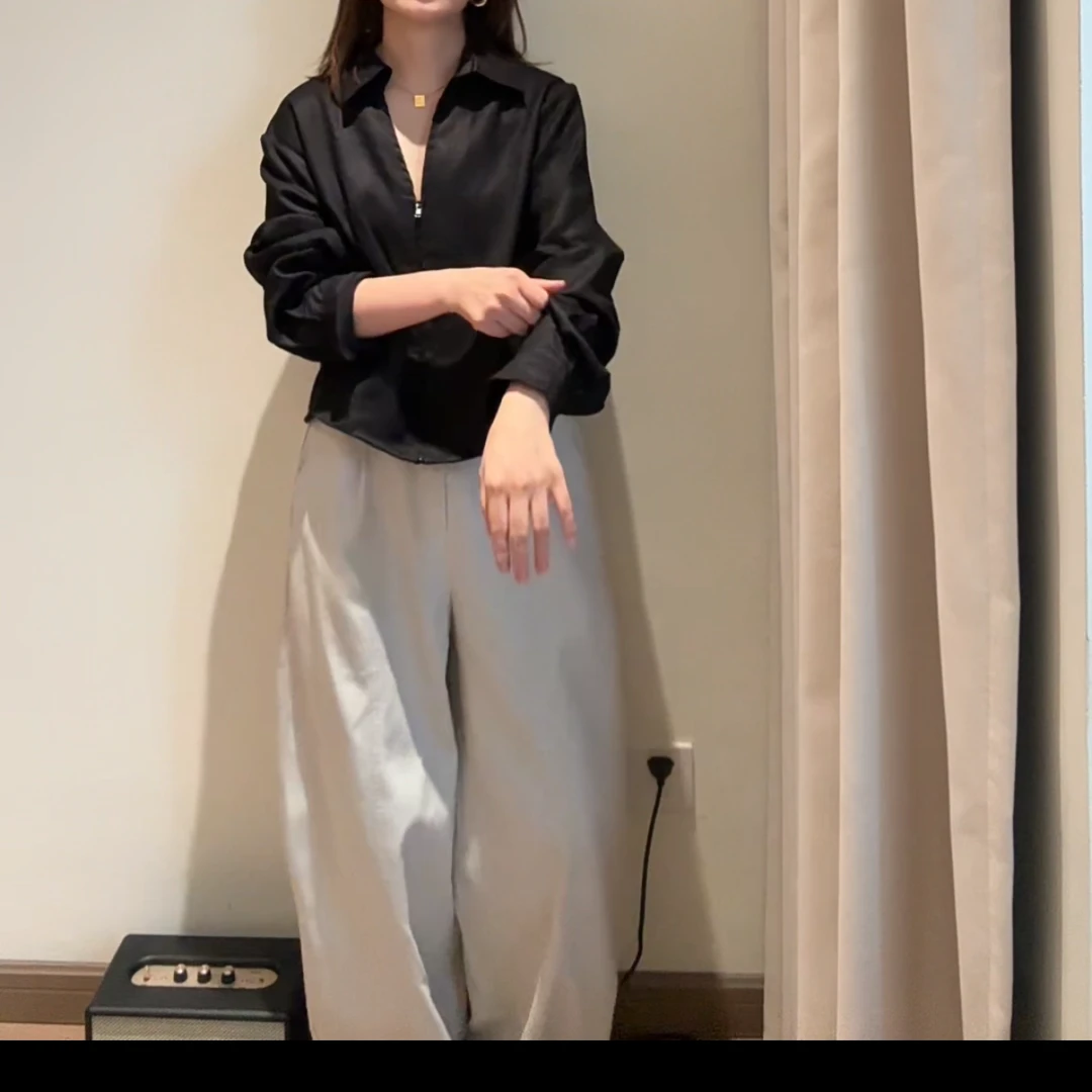 老钱风  气质纯色亚麻翻领长袖衬衫外套V领短款显瘦上衣