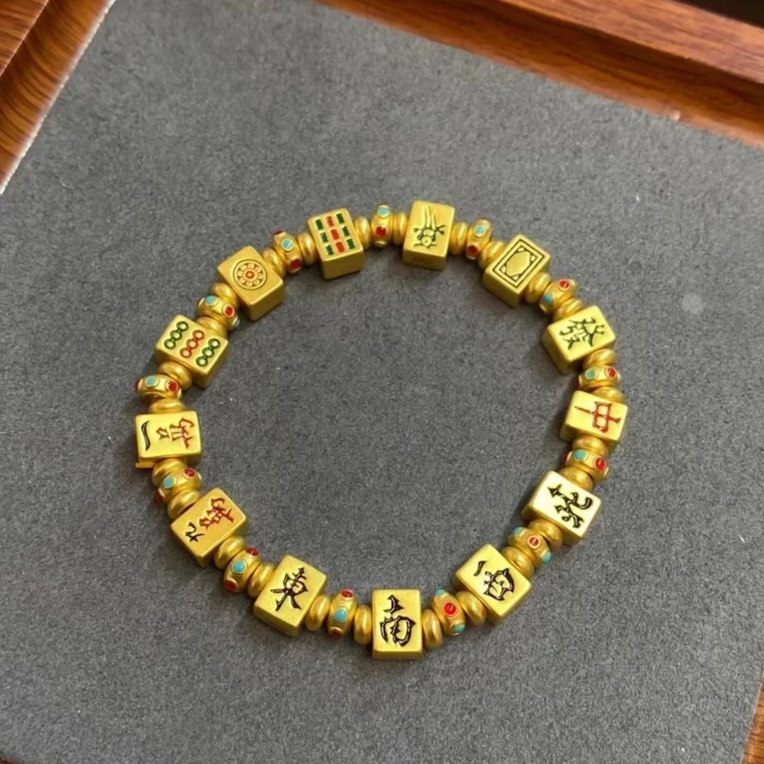 足金999古法麻将十三幺司凤同款珐琅彩新中式国风潮流黄金手链