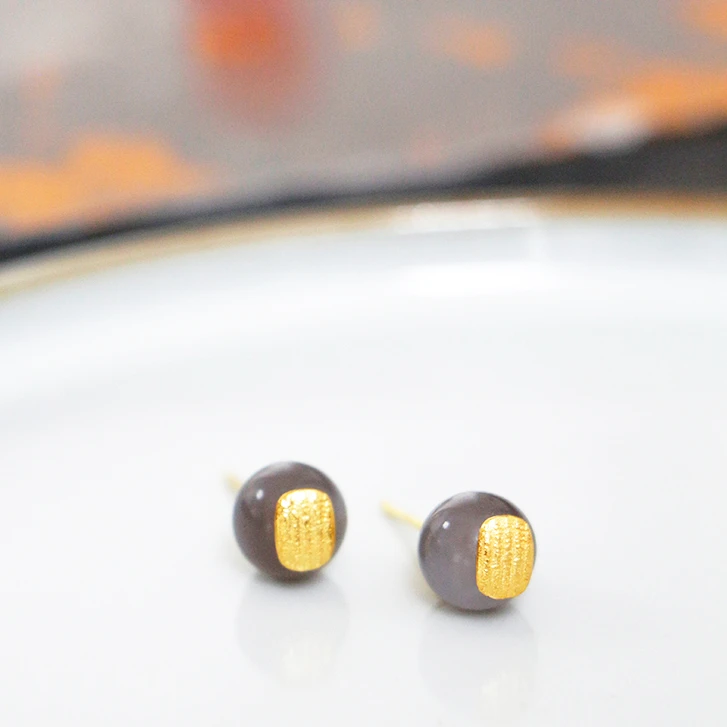天然和田玉冰烟紫五条耳钉8mm