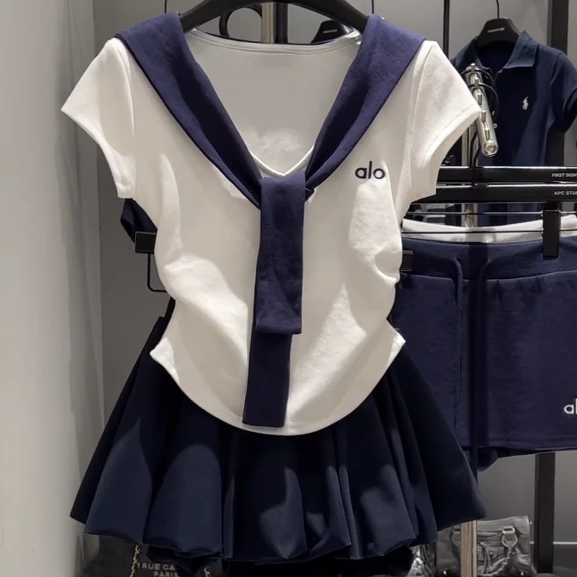 【撞色V领海军风假两件拼接披肩T恤】2025夏季收腰显瘦上衣女