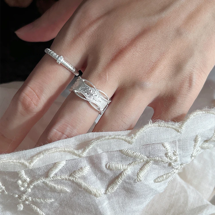 铜合金戒指 新中式草花戒指女小众设计宽版开口戒复古百搭指环