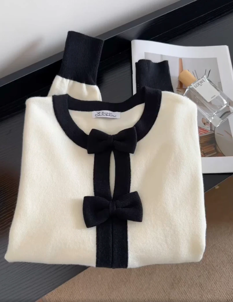 韩系千金风立体蝴蝶结下摆收腰软糯套头毛衣女秋季新款显瘦上衣