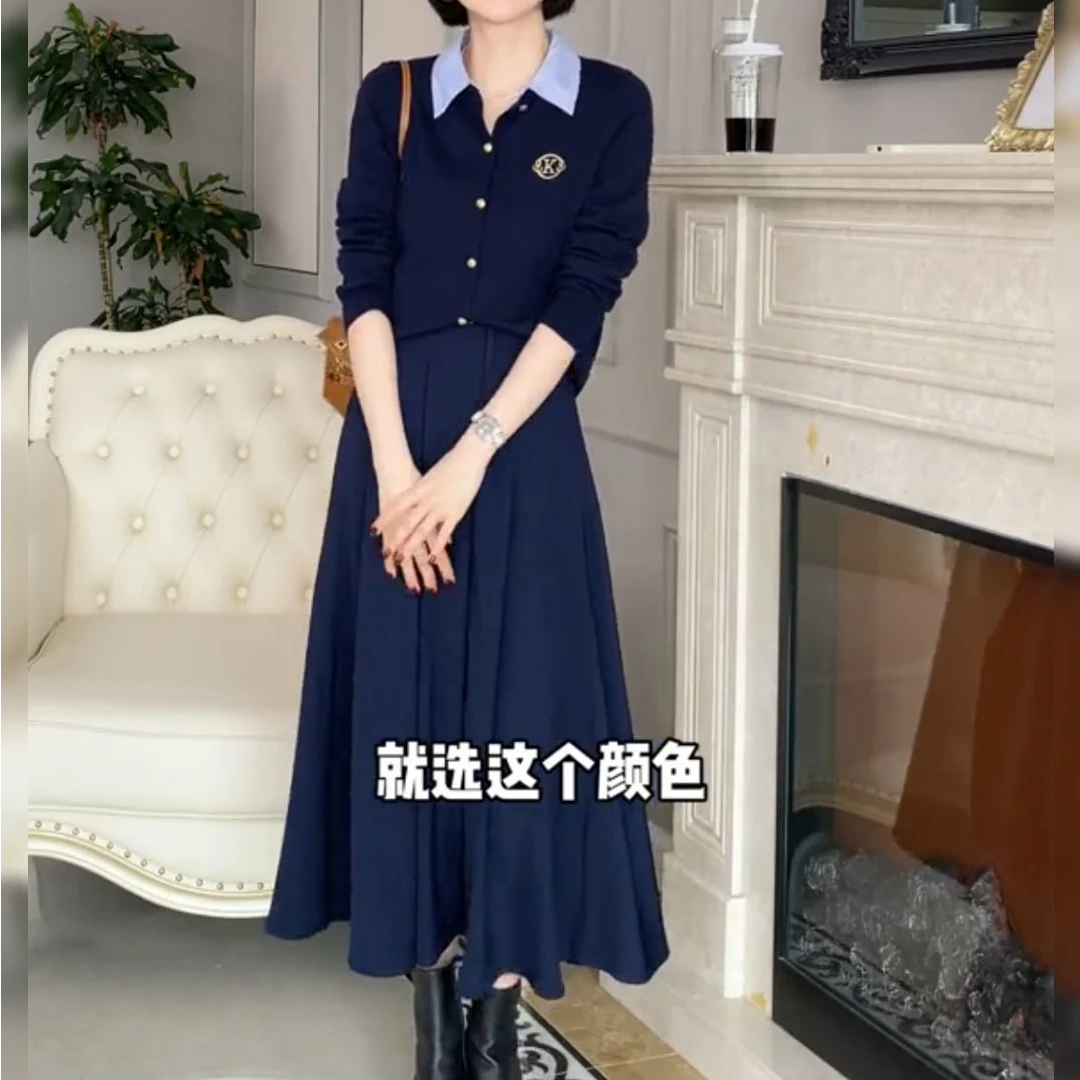 [工厂直销套装]早秋气质减龄显白翻领上衣高腰遮肉百褶半身裙 X86
