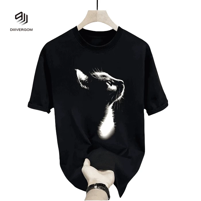 DIIIVERGOM 男生短袖上衣潮流ins潮牌猫咪印花港风t恤半袖夏季