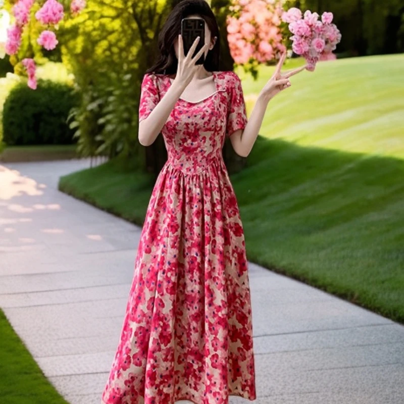 2025新款ins夏季法式时尚碎花印花短袖收腰显瘦女装连衣裙子