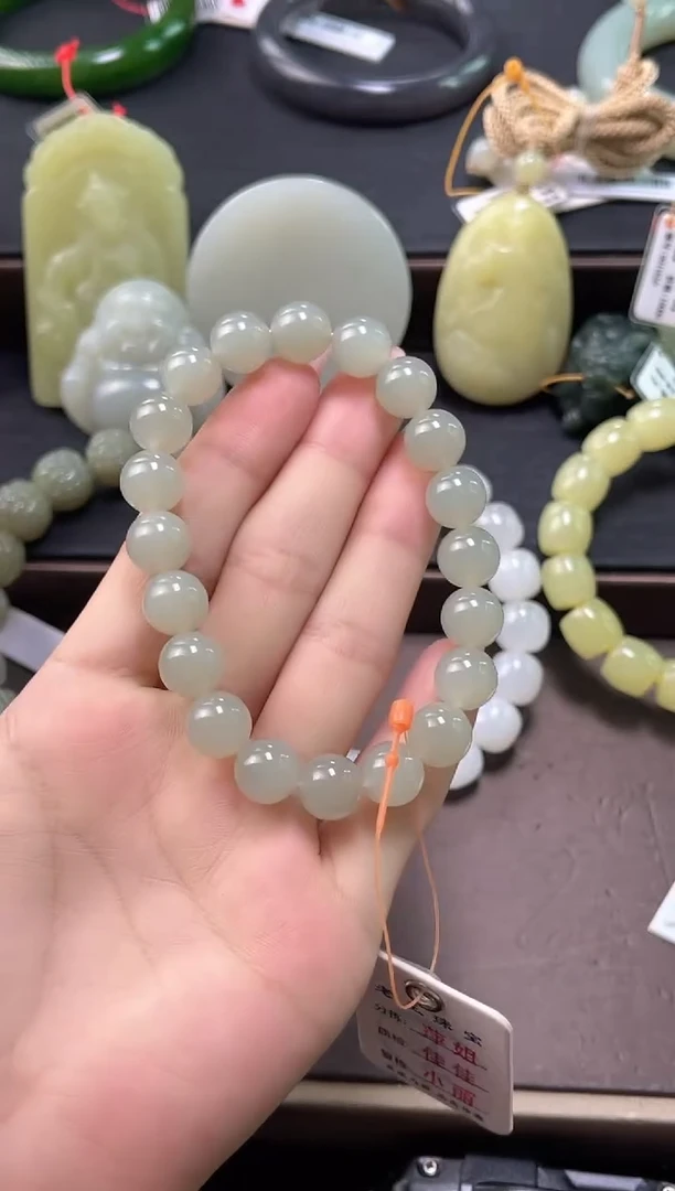 未镶嵌手串和田玉卡10且末青白 圆珠9009343