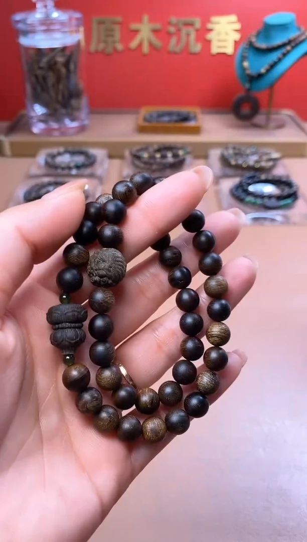 手串沉香L富森瘿子瘤疤08+葫芦貔貅沉香木顶珠