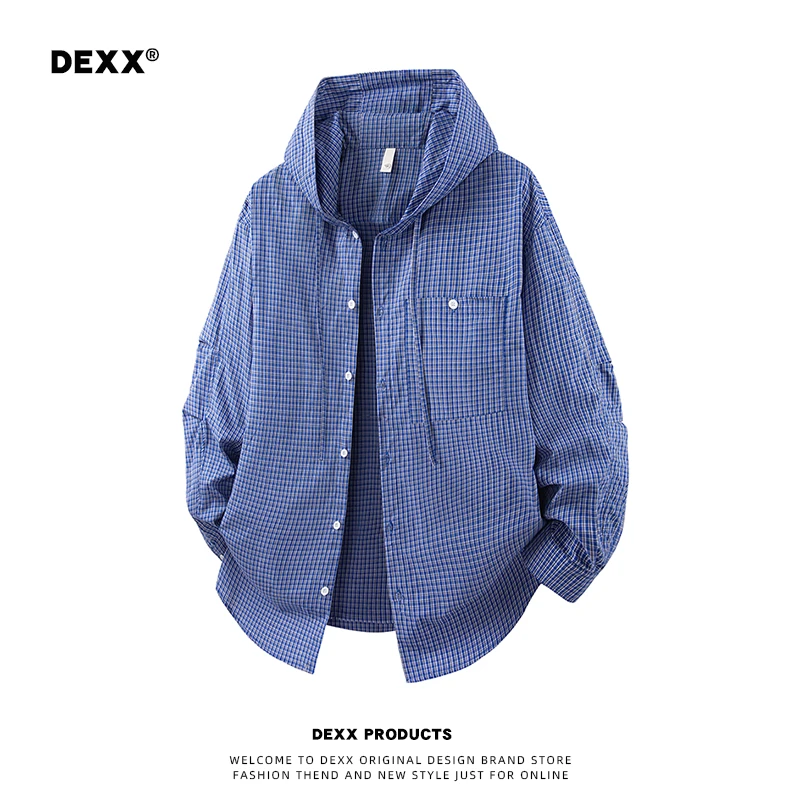 DEXX格纹连帽衬衫美式学院风高街长袖衬衣百搭宽松外套男女同款